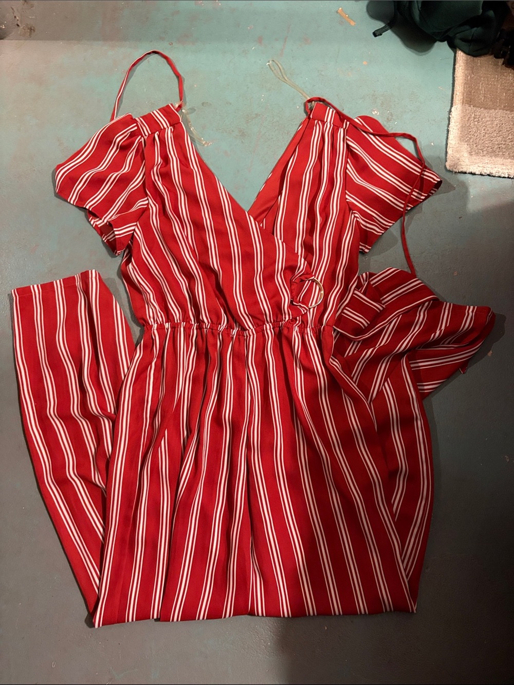 Charlotte Russe Red & White Striped Off-Shoulder Jumpsuit